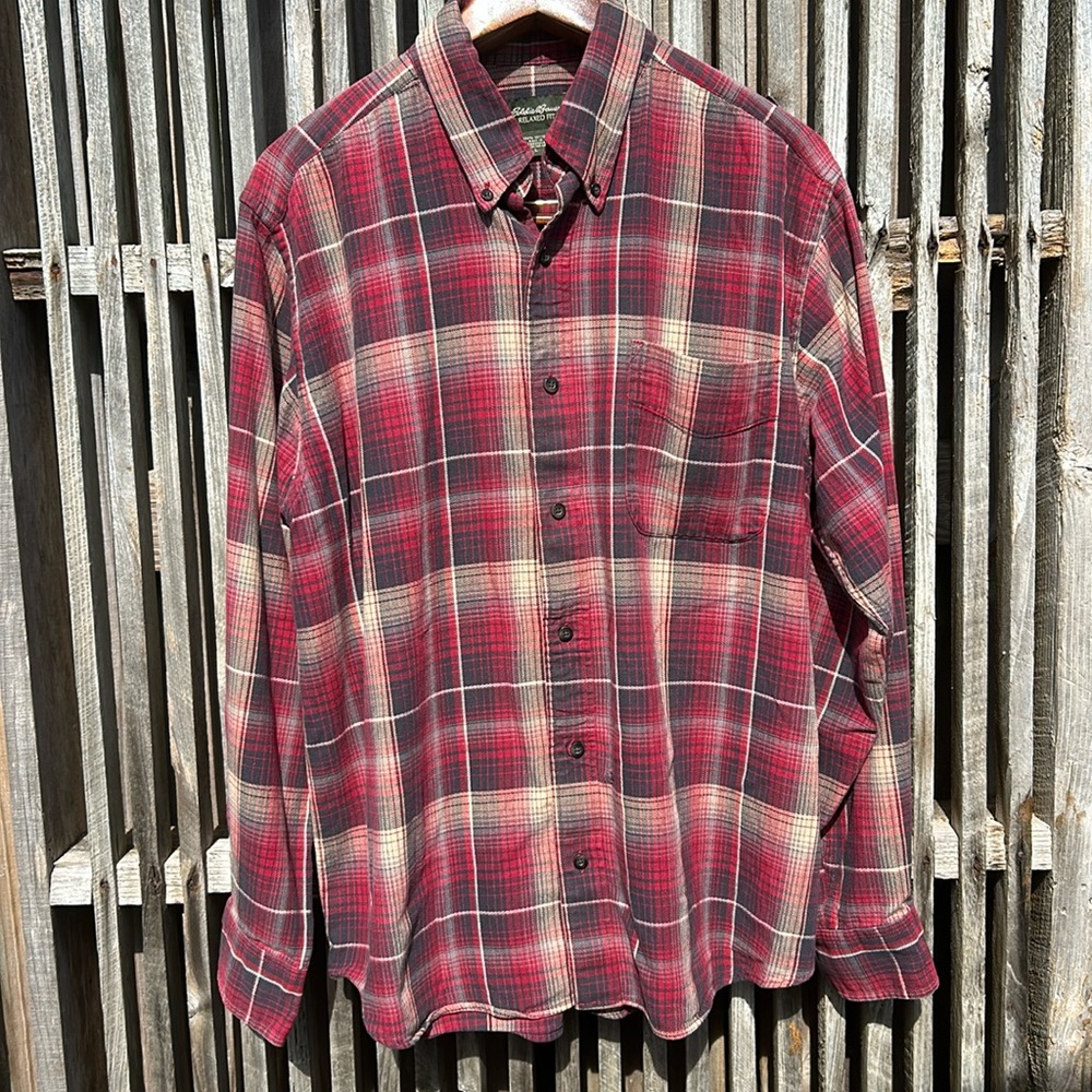 Eddie Bauer Men's Plaid Flannel Button Down Shirt Size Large Red